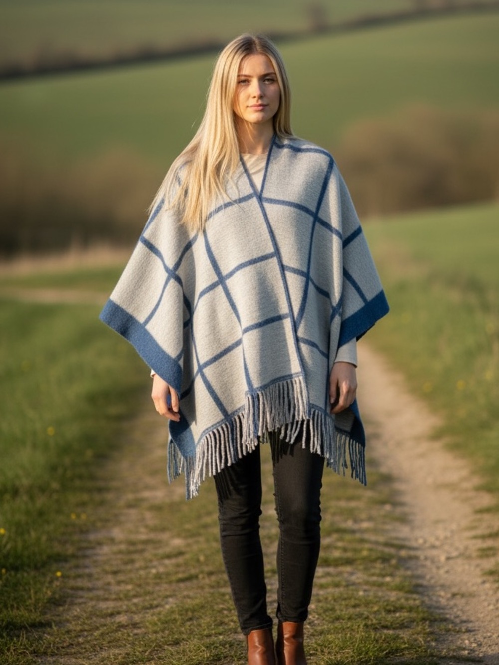 Vince Camuto Blue and Light Gray Windowpane Fringe Poncho